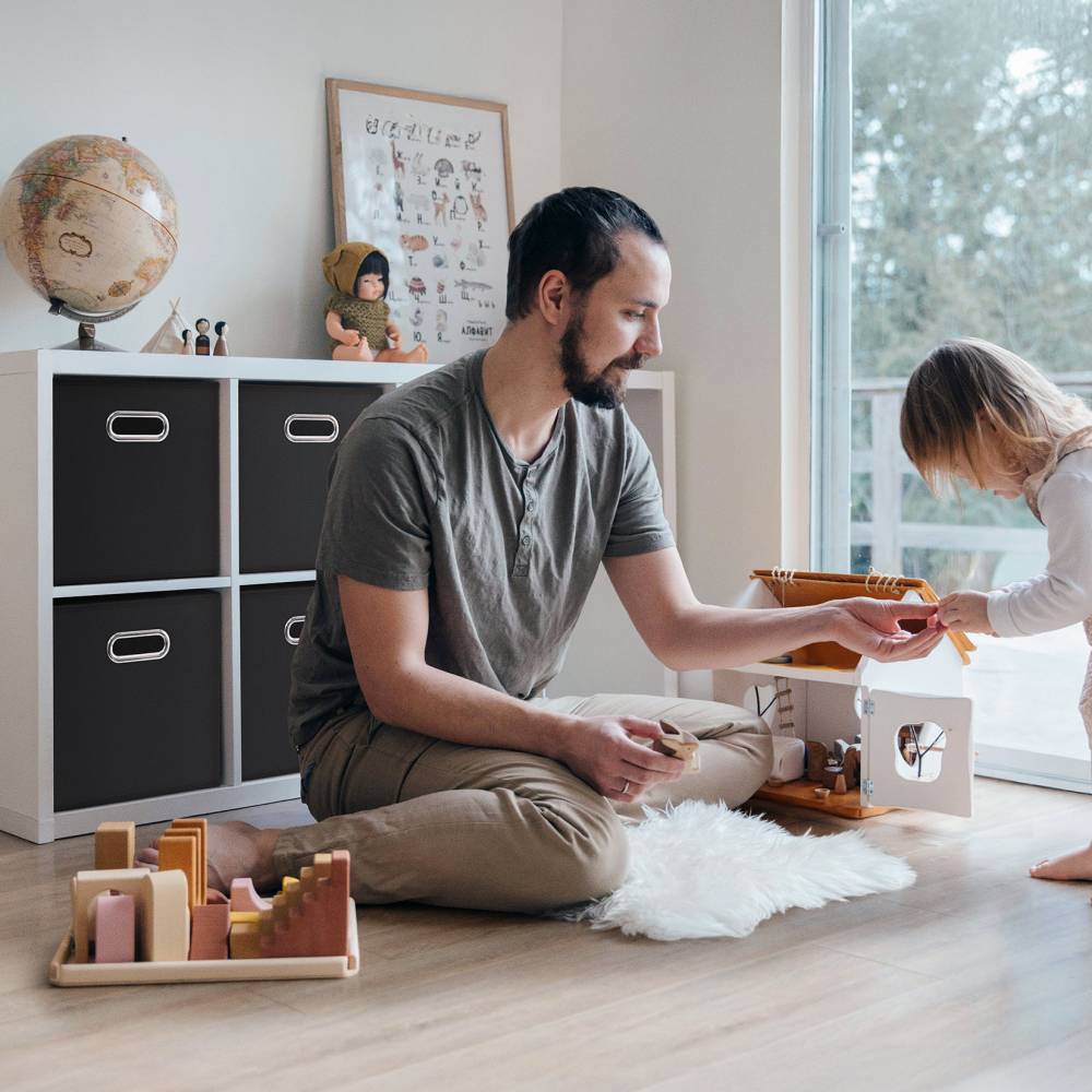 Woodluv Set of 4 Linen Storage Foldable Collapsible Baskets, Black