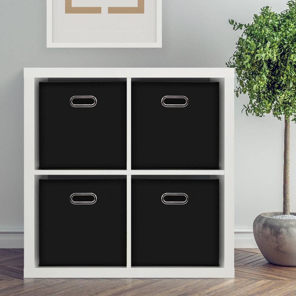 Woodluv Set of 4 Linen Storage Foldable Collapsible Baskets, Black