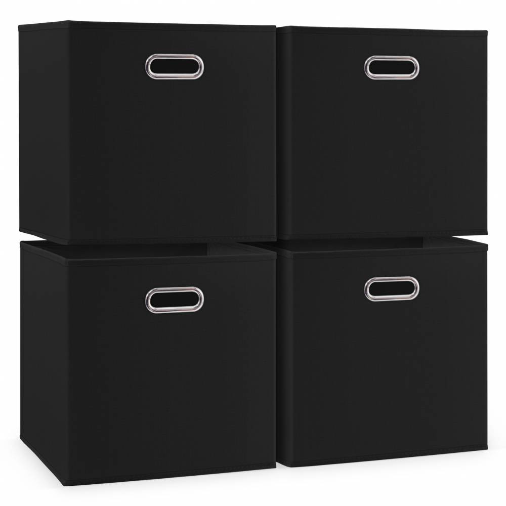 Woodluv Set of 4 Linen Storage Foldable Collapsible Baskets, Black