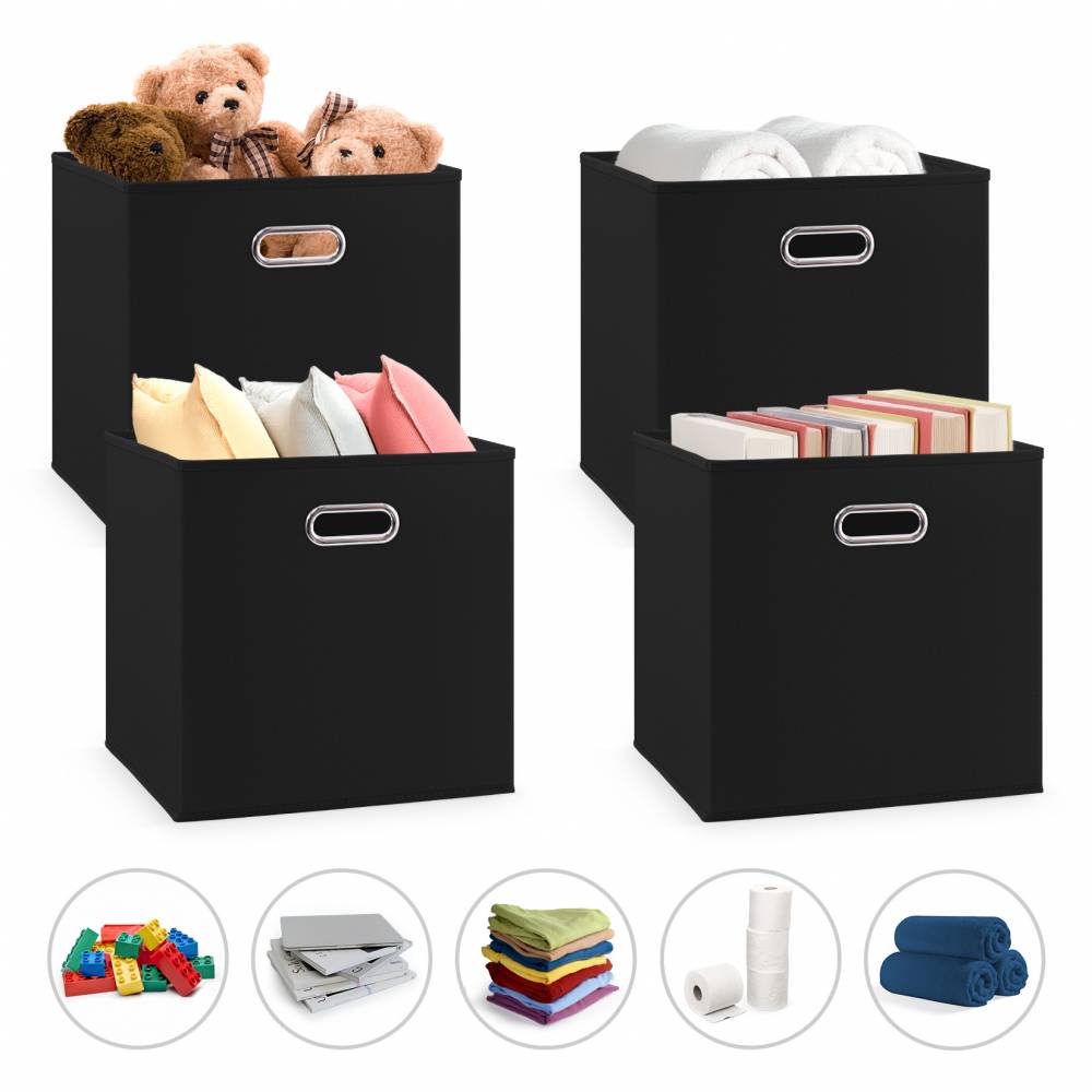 Woodluv Set of 4 Linen Storage Foldable Collapsible Baskets, Black