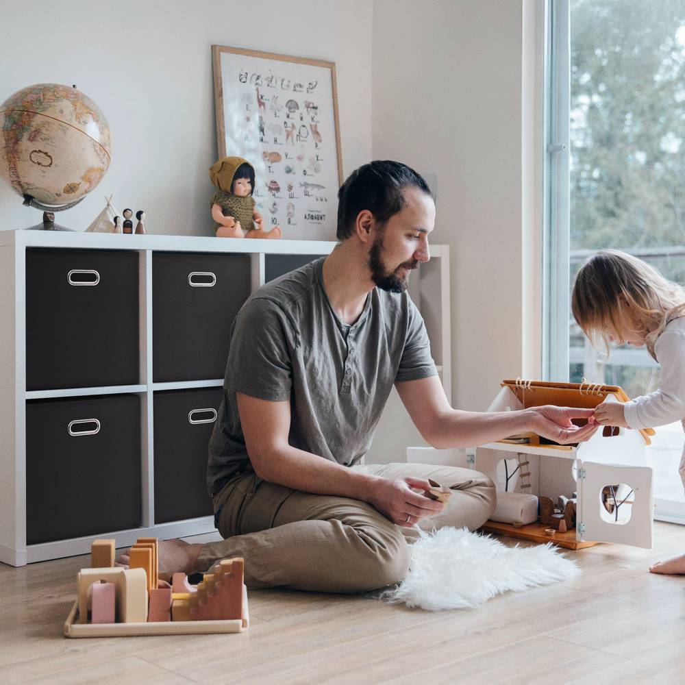 Woodluv Set of 4 Linen Storage Foldable Collapsible Baskets, Black