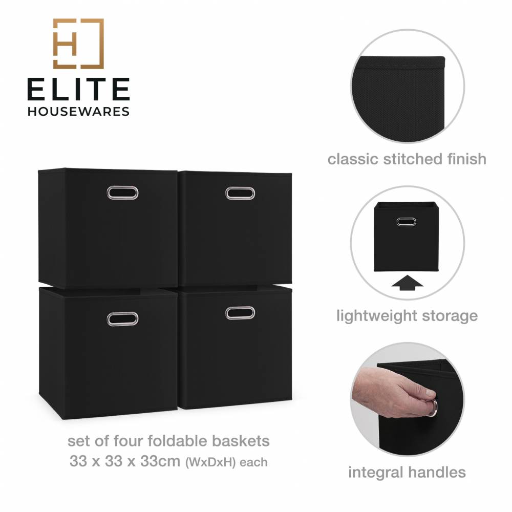 Woodluv Set of 4 Linen Storage Foldable Collapsible Baskets, Black