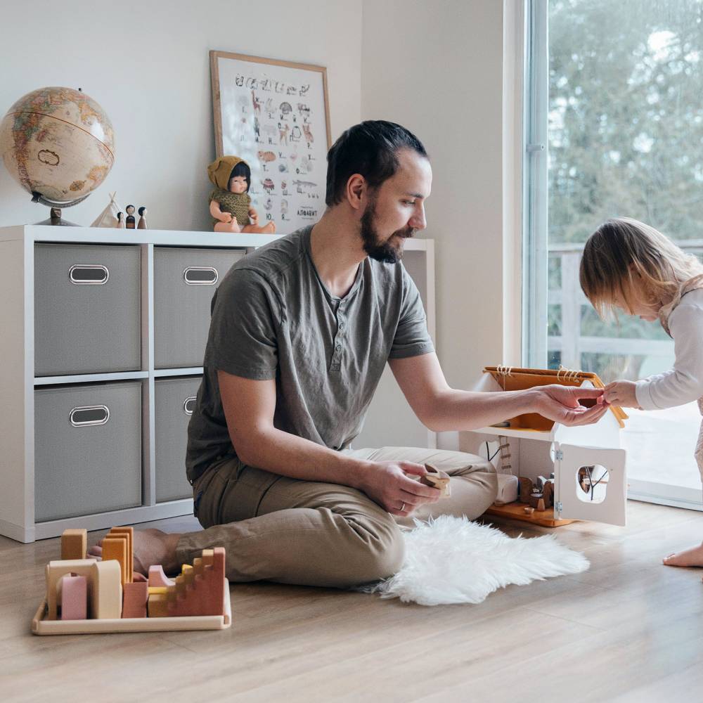 Woodluv Set of 4 Linen Storage Foldable Collapsible Baskets, Grey