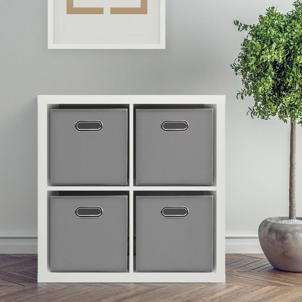 Woodluv Set of 4 Linen Storage Foldable Collapsible Baskets, Grey