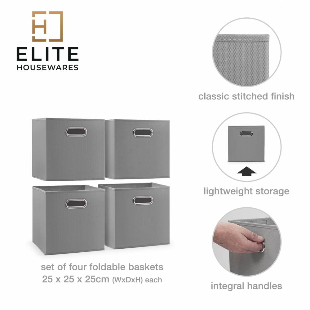 Woodluv Set of 4 Linen Storage Foldable Collapsible Baskets, Grey