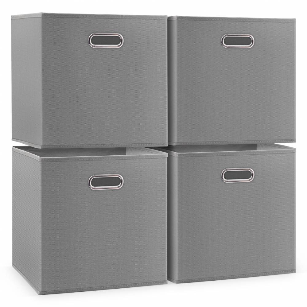 Woodluv Set of 4 Linen Storage Foldable Collapsible Baskets, Grey