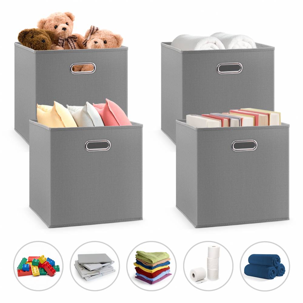 Woodluv Set of 4 Linen Storage Foldable Collapsible Baskets, Grey