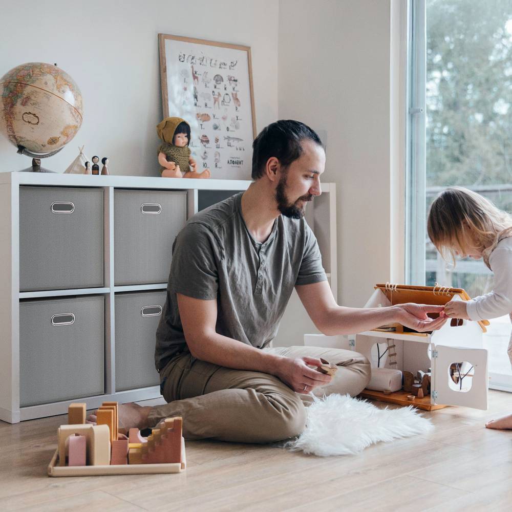 Woodluv Set of 4 Linen Storage Foldable Collapsible Baskets, Grey