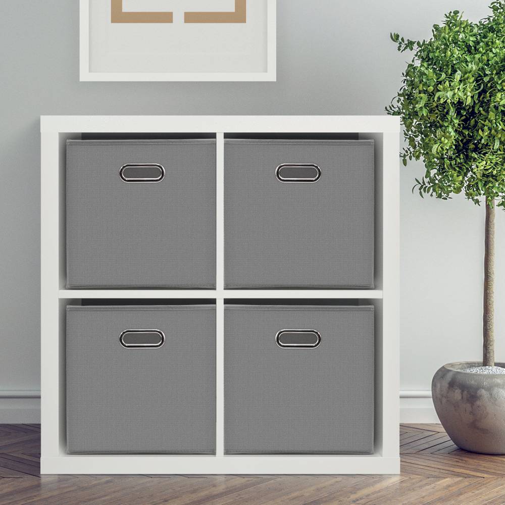 Woodluv Set of 4 Linen Storage Foldable Collapsible Baskets, Grey