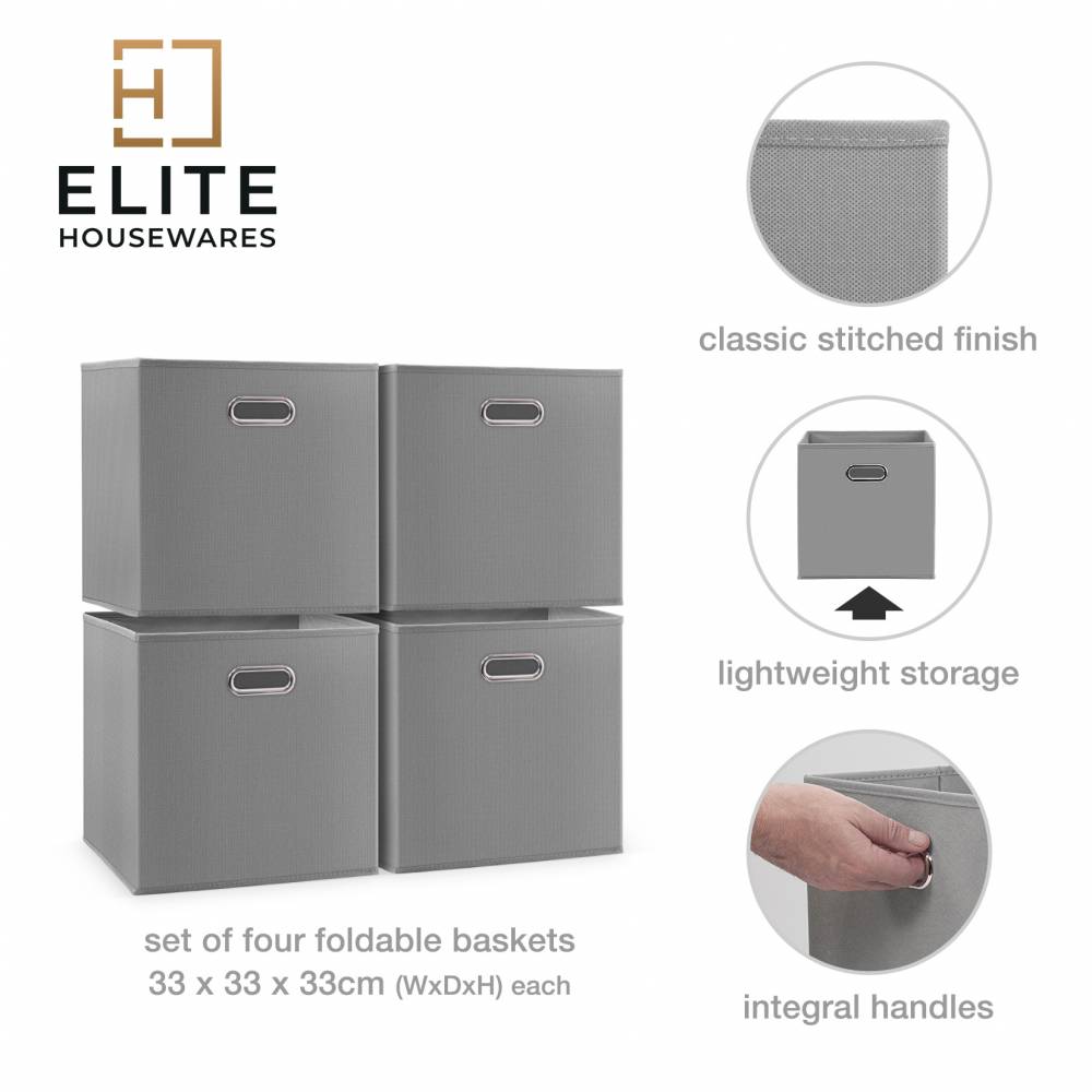 Woodluv Set of 4 Linen Storage Foldable Collapsible Baskets, Grey