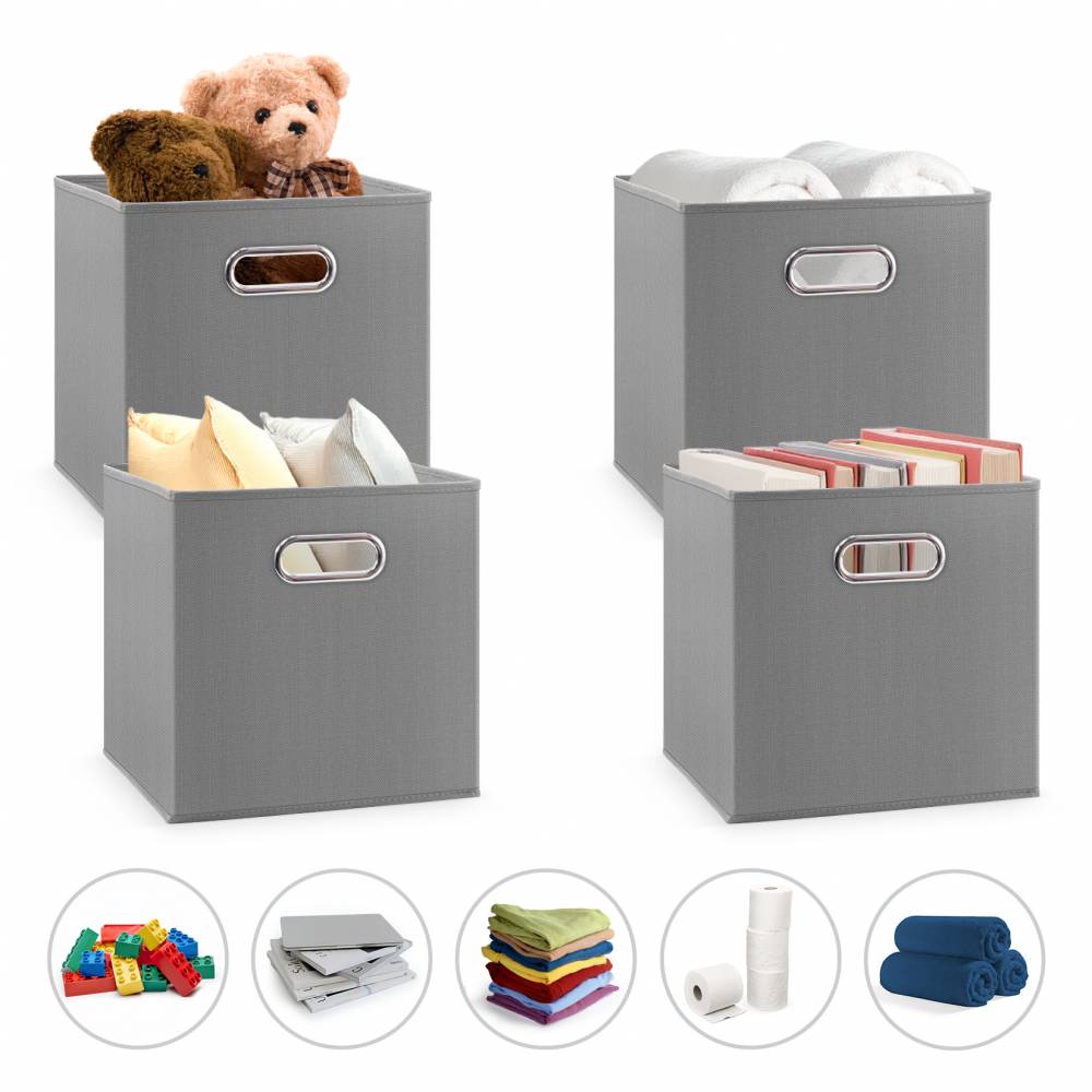 Woodluv Set of 4 Linen Storage Foldable Collapsible Baskets, Grey