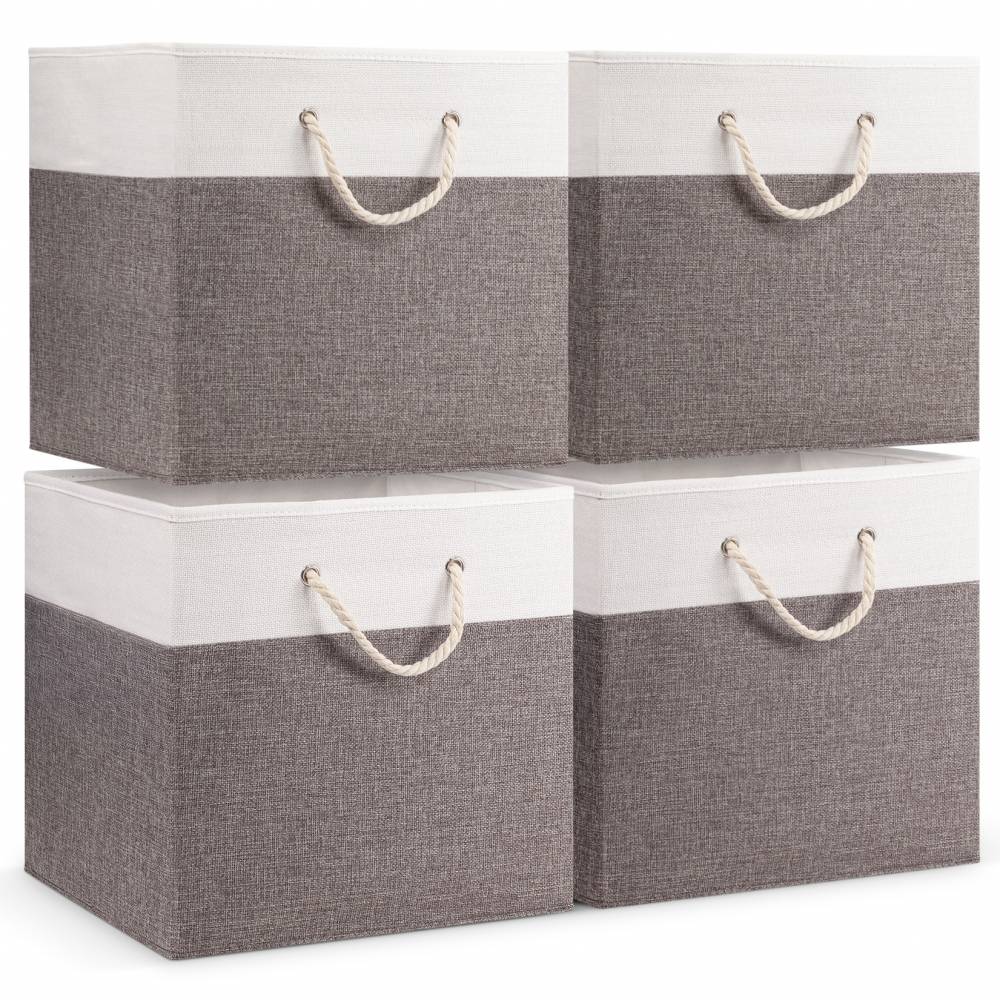 Woodluv Set of 4 Linen Storage Foldable Collapsible Baskets, Grey