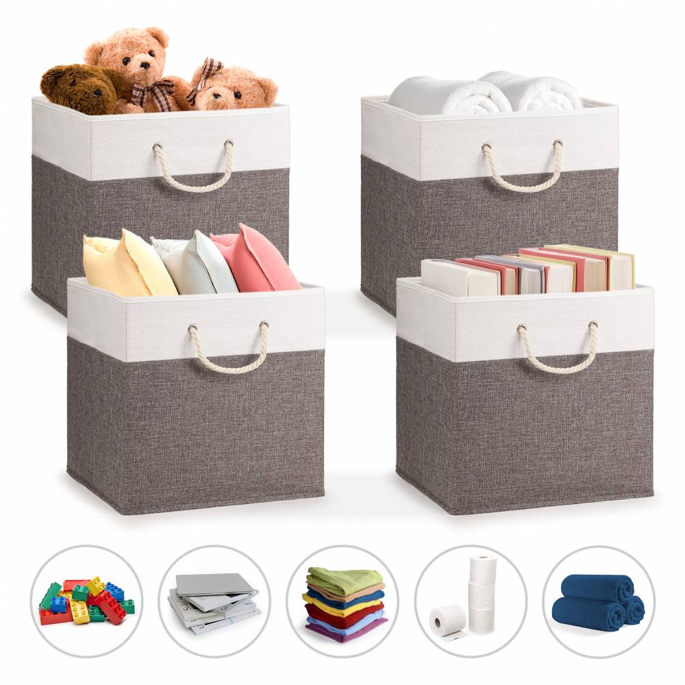 Woodluv Set of 4 Linen Storage Foldable Collapsible Baskets, Grey
