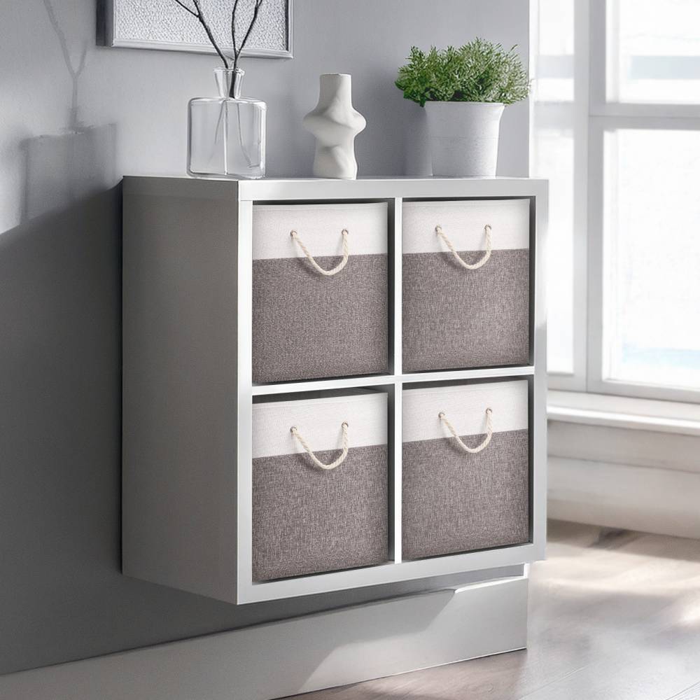 Woodluv Set of 4 Linen Storage Foldable Collapsible Baskets, Grey