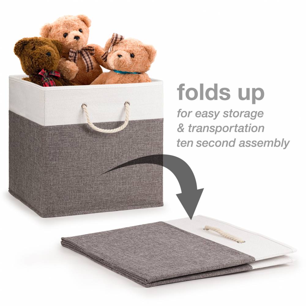 Woodluv Set of 4 Linen Storage Foldable Collapsible Baskets, Grey
