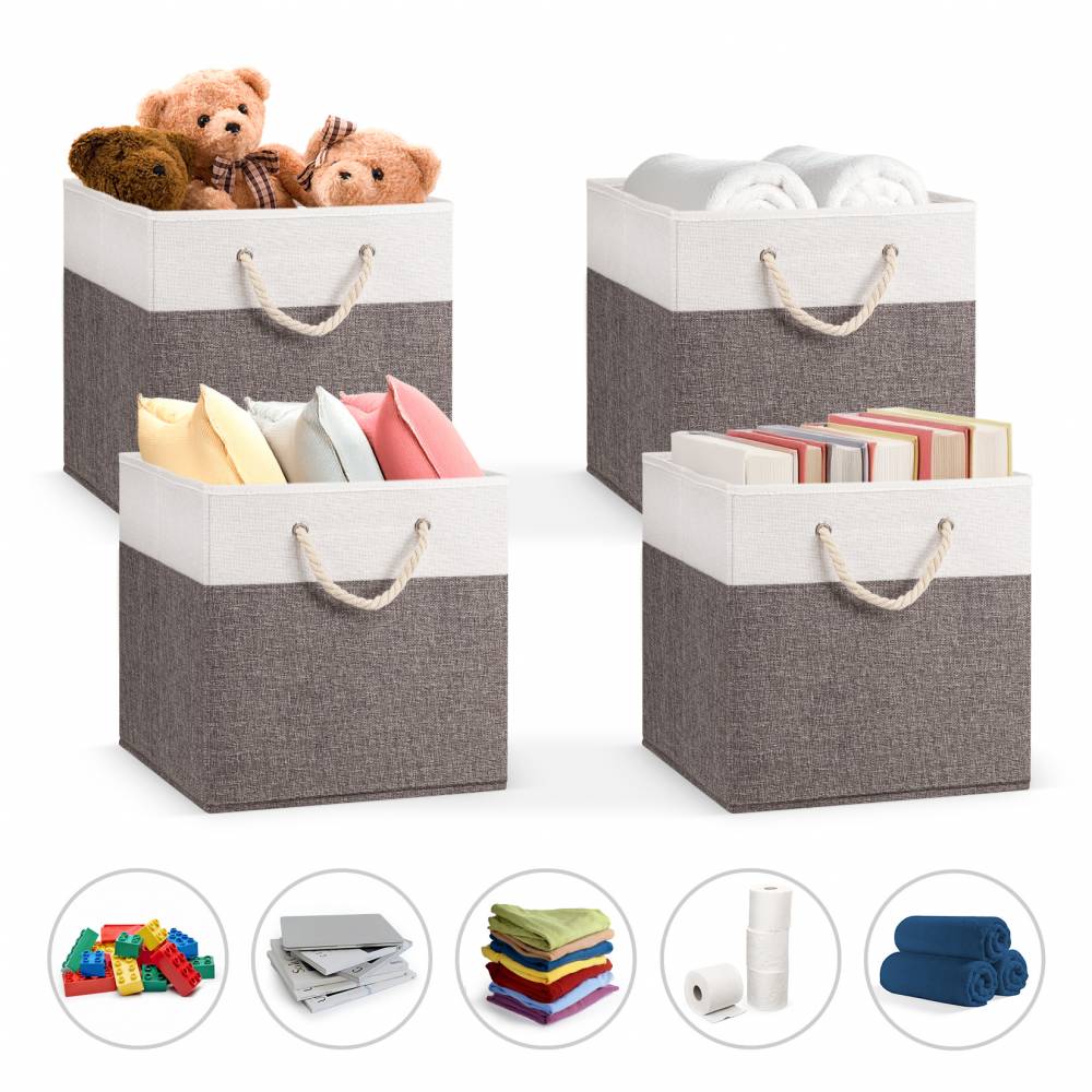 Woodluv Set of 4 Linen Storage Foldable Collapsible Baskets, Grey