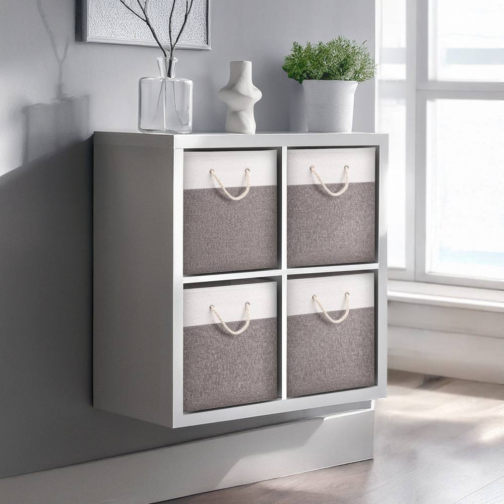 Woodluv Set of 4 Linen Storage Foldable Collapsible Baskets, Grey
