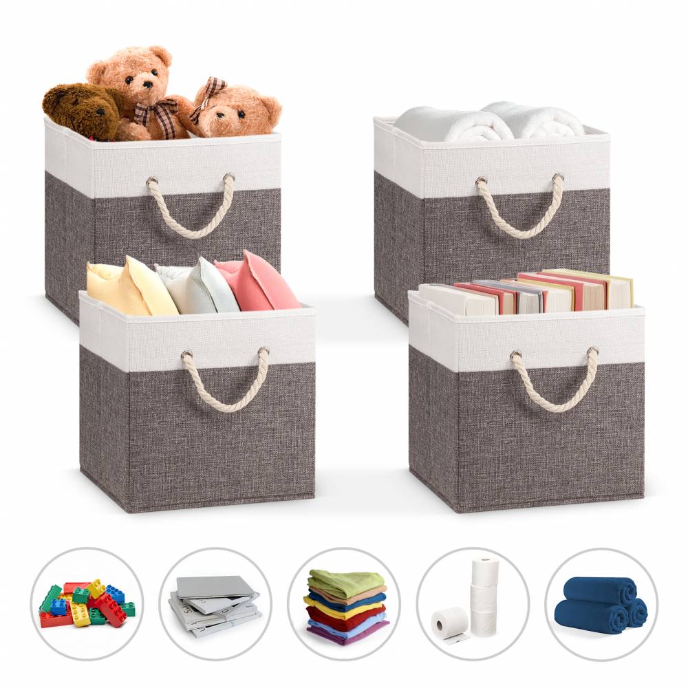 Woodluv Set of 4 Linen Storage Foldable Collapsible Baskets, Grey