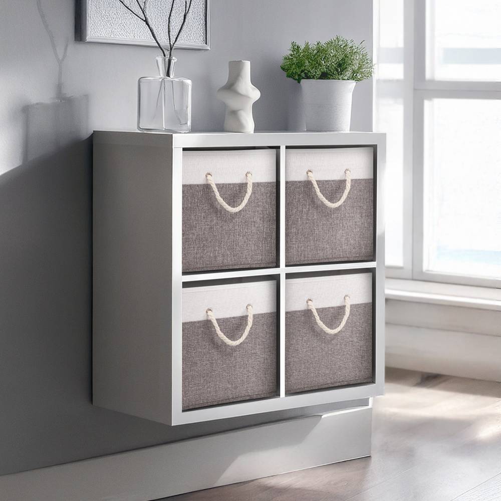 Woodluv Set of 4 Linen Storage Foldable Collapsible Baskets, Grey