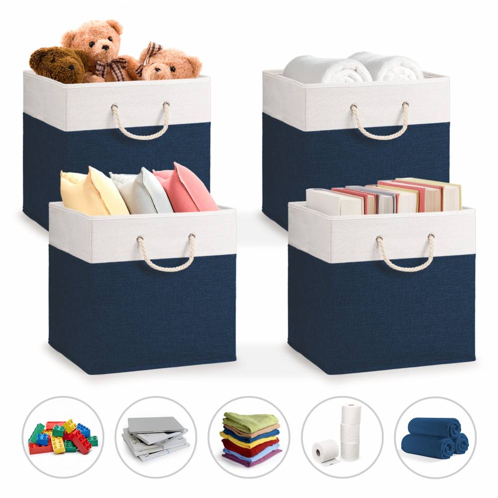Woodluv Set of 4 Linen Storage Foldable Collapsible Baskets, Navy Blue