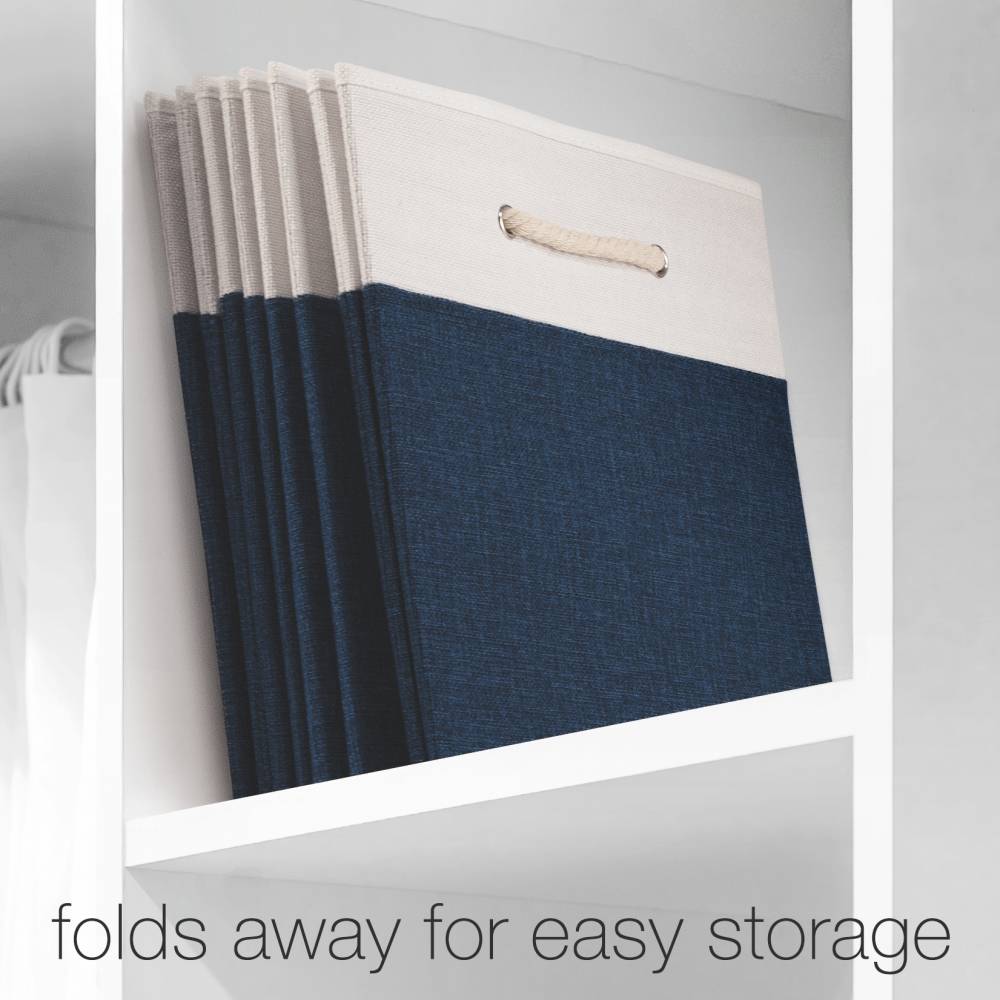 Woodluv Set of 4 Linen Storage Foldable Collapsible Baskets, Navy Blue