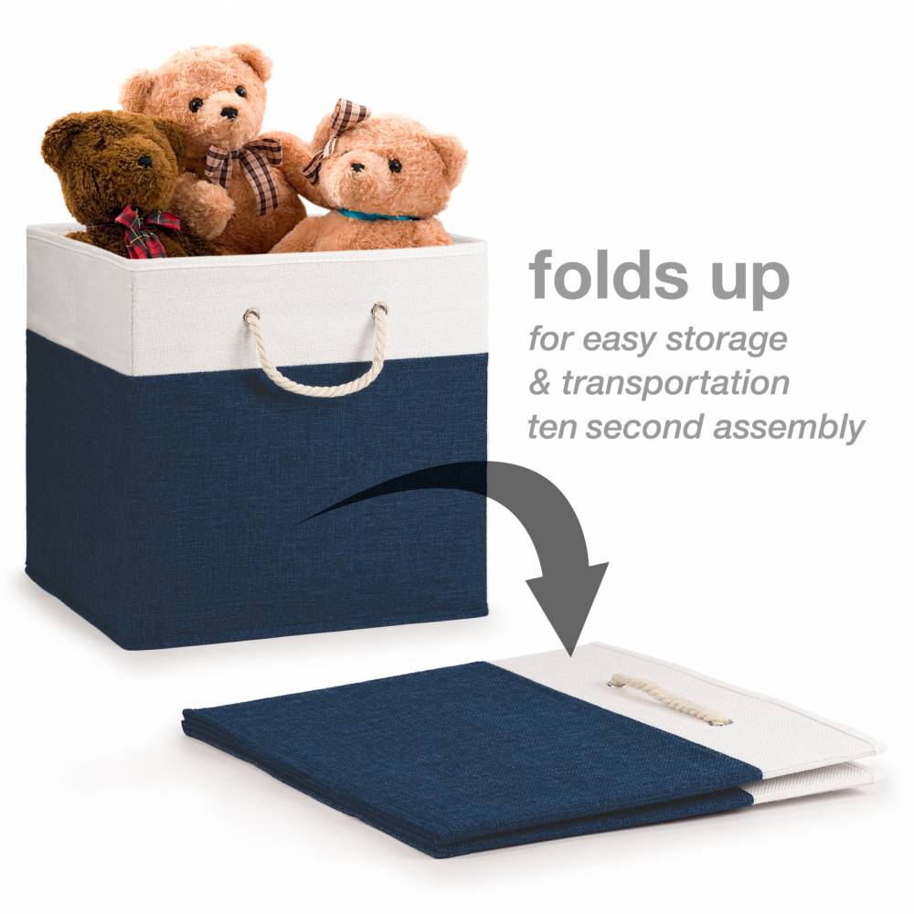 Woodluv Set of 4 Linen Storage Foldable Collapsible Baskets, Navy Blue