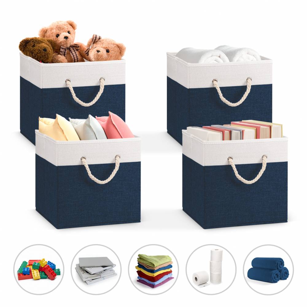 Woodluv Set of 4 Linen Storage Foldable Collapsible Baskets, Navy Blue