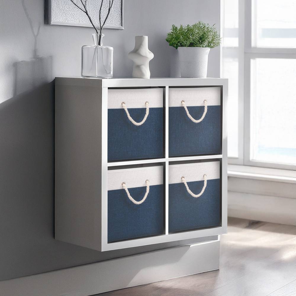 Woodluv Set of 4 Linen Storage Foldable Collapsible Baskets, Navy Blue