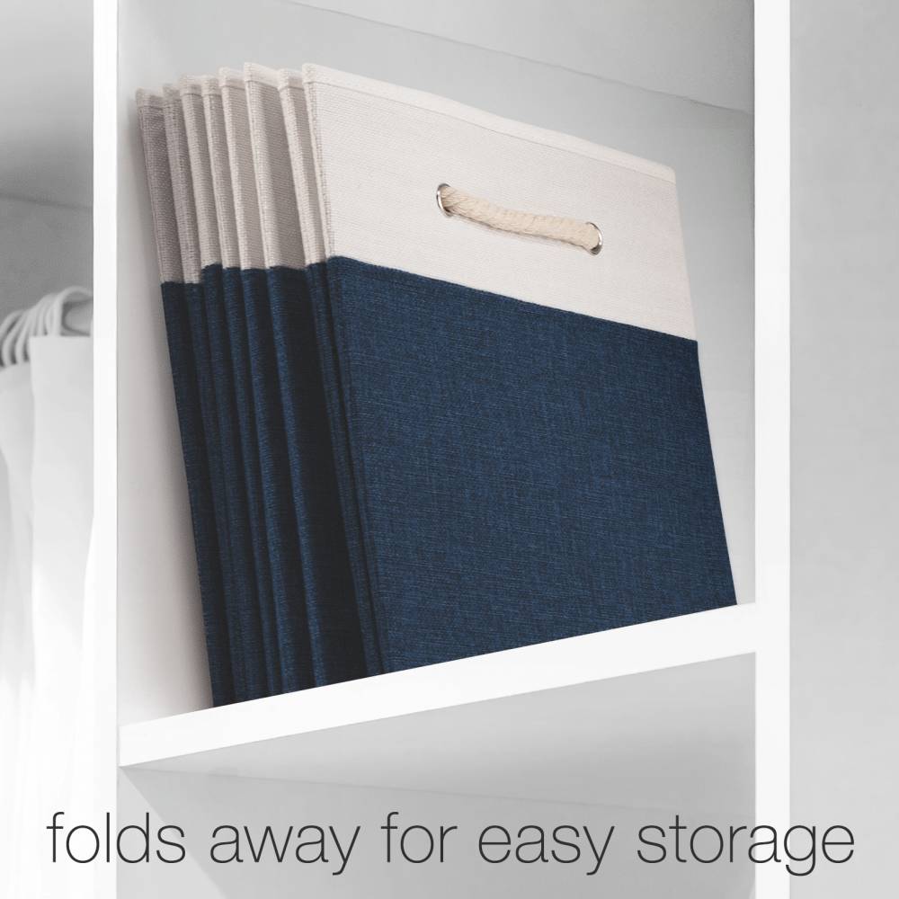 Woodluv Set of 4 Linen Storage Foldable Collapsible Baskets, Navy Blue