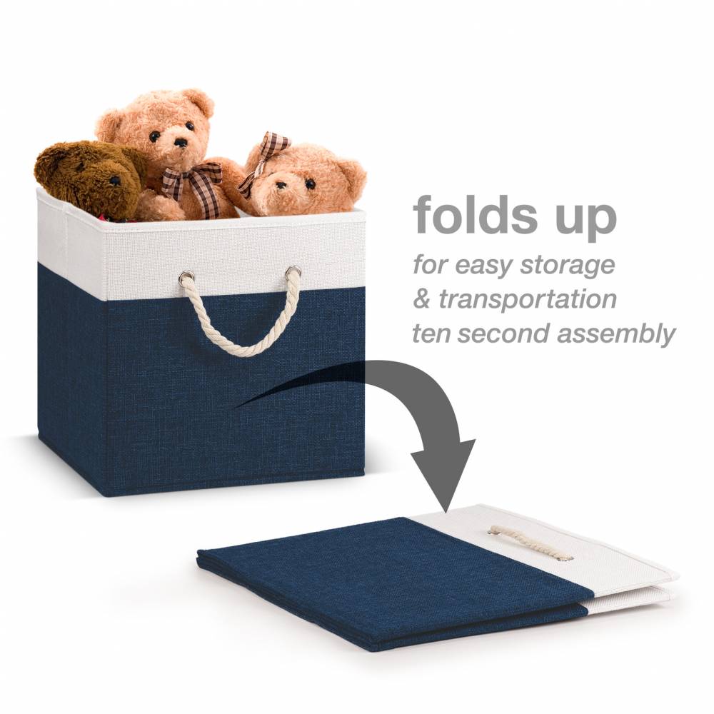 Woodluv Set of 4 Linen Storage Foldable Collapsible Baskets, Navy Blue