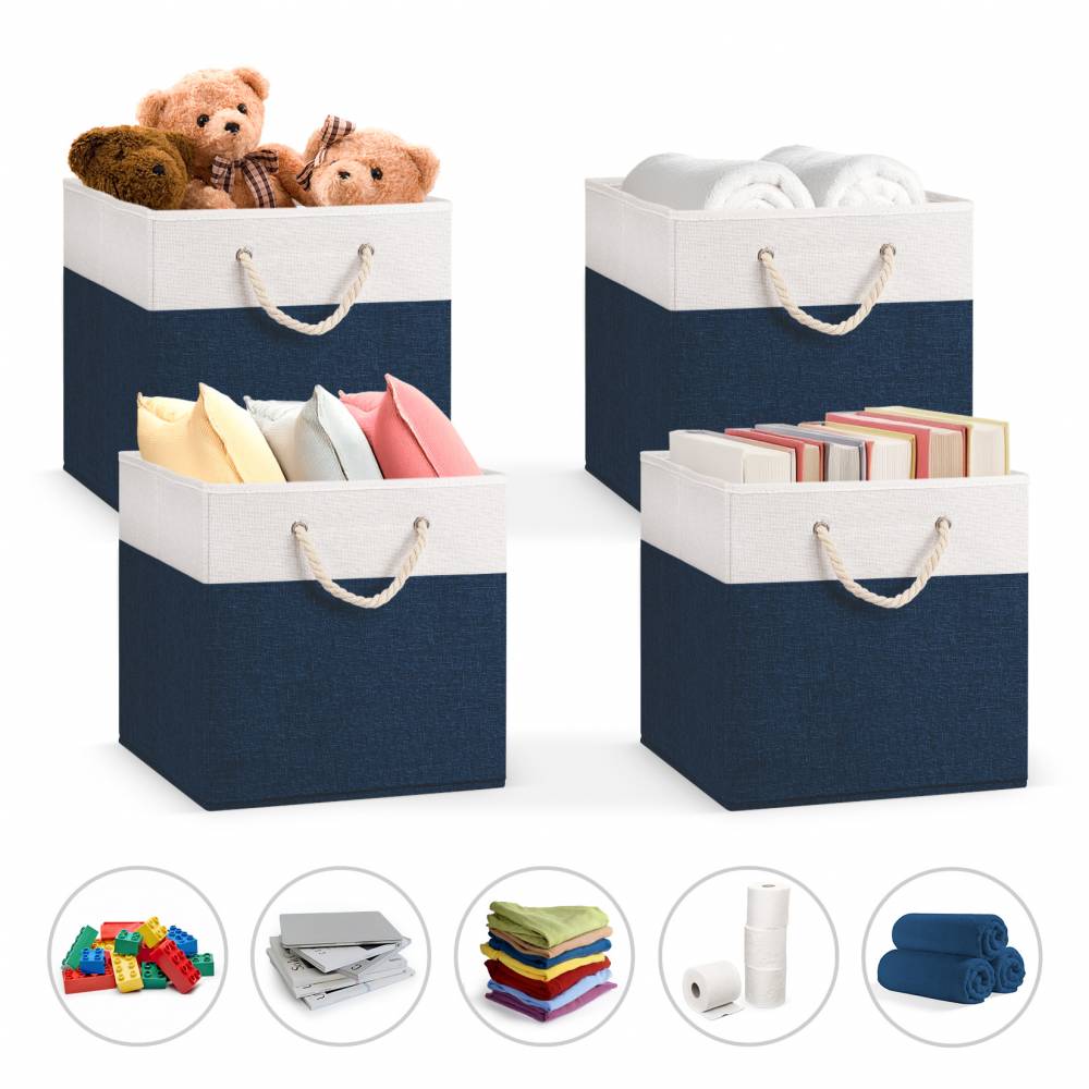 Woodluv Set of 4 Linen Storage Foldable Collapsible Baskets, Navy Blue
