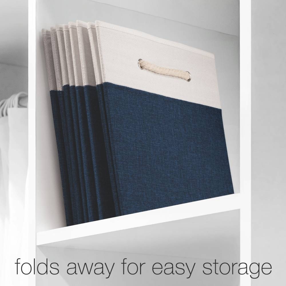Woodluv Set of 4 Linen Storage Foldable Collapsible Baskets, Navy Blue