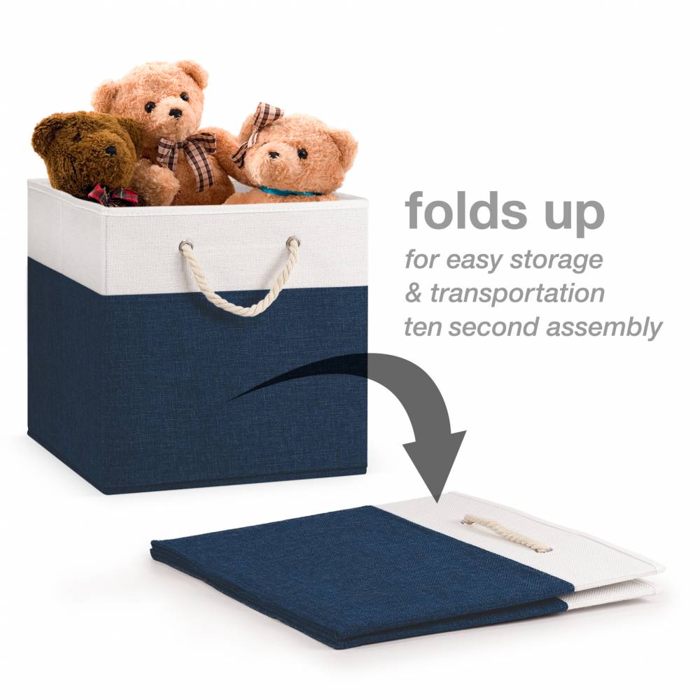 Woodluv Set of 4 Linen Storage Foldable Collapsible Baskets, Navy Blue