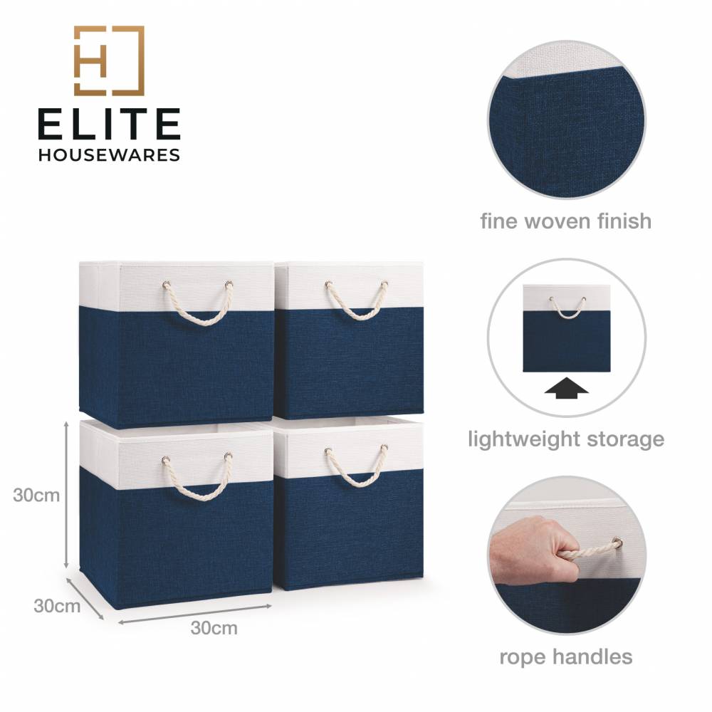 Woodluv Set of 4 Linen Storage Foldable Collapsible Baskets, Navy Blue