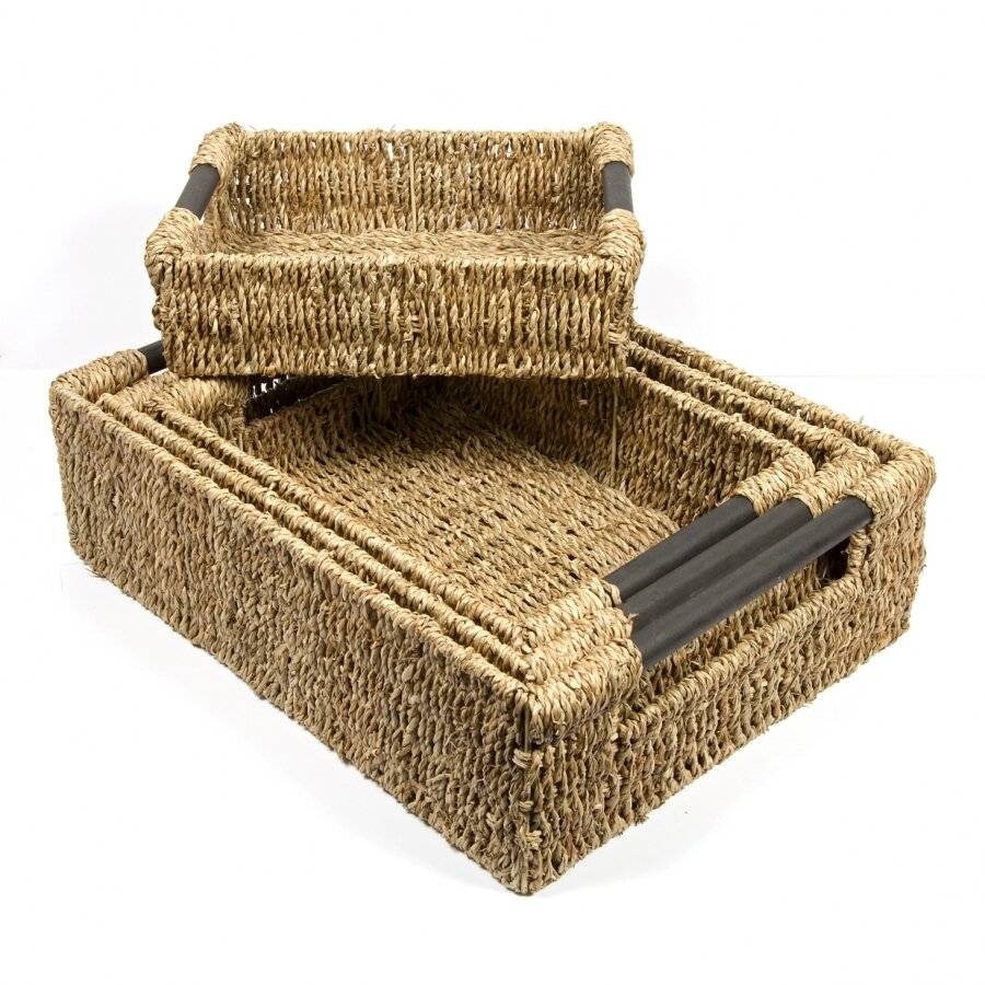 Woodluv Set of 4 Natural Seagrass Storage Baskets With Wooden Handles