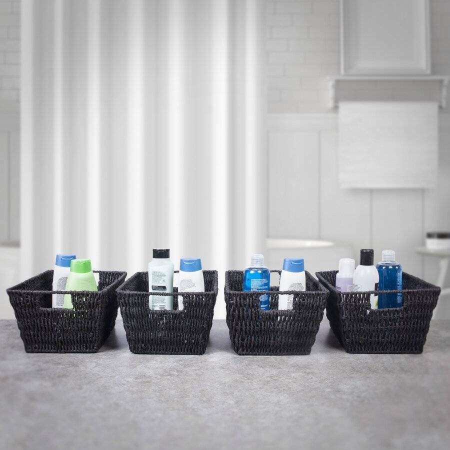 Woodluv Set of 4 Paper Rope Gift Hamper Shelf Storage Baskets - Black