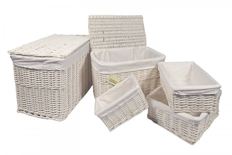 Woodluv Set of 5 Wicker Storage Trunk With Lid & Lined Basket - White