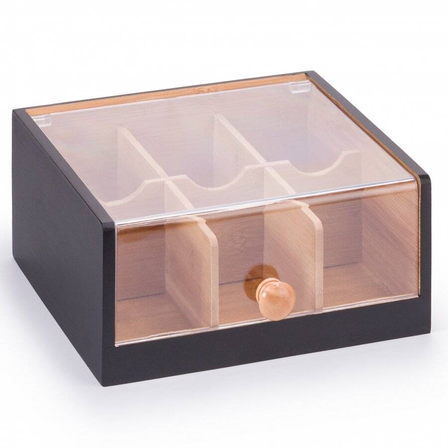 Woodluv 6 Sections Bamboo Tea Caddy With Acrylic Lid, Black