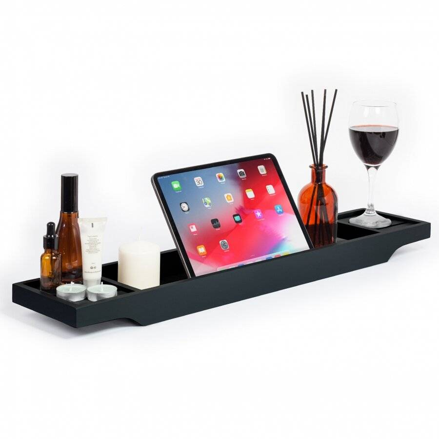 Woodluv Slimline Luxury Natural Bamboo Wood Bath Tray, Black