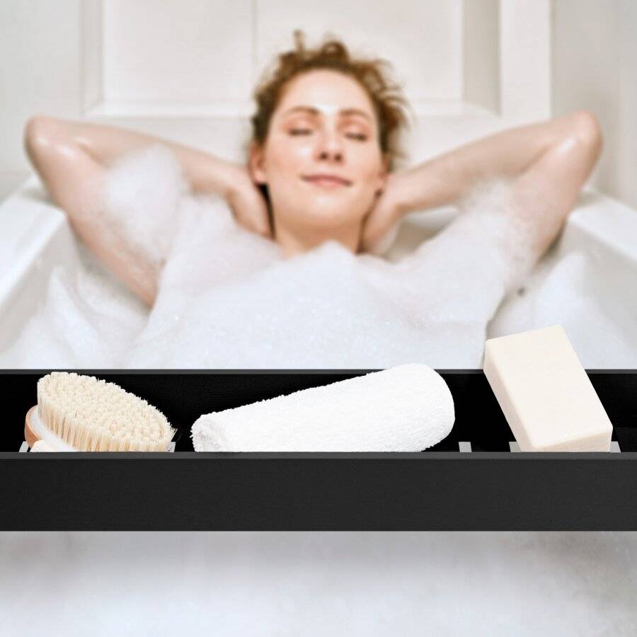 Woodluv Slimline Luxury Natural Bamboo Wood Bath Tray, Black
