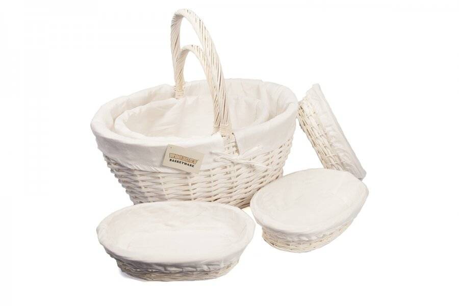 Woodluv Small Oval Wicker Storage Basket With Lining & Handle - White