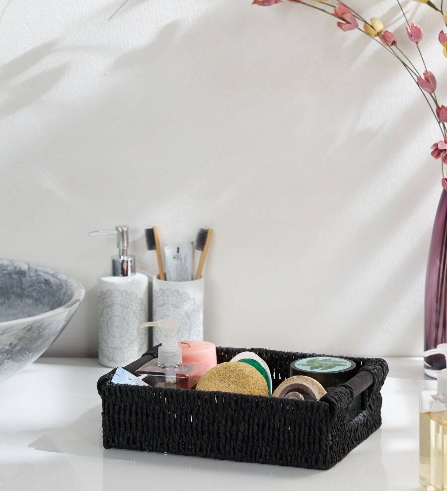 Woodluv Small Paper Rope Storage Gift Basket With Wooden Handle, Black