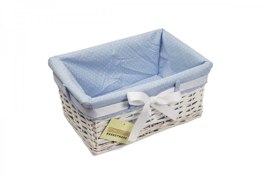 Woodluv Small White Willow Basket With Blue Dot Lining & Ribbon