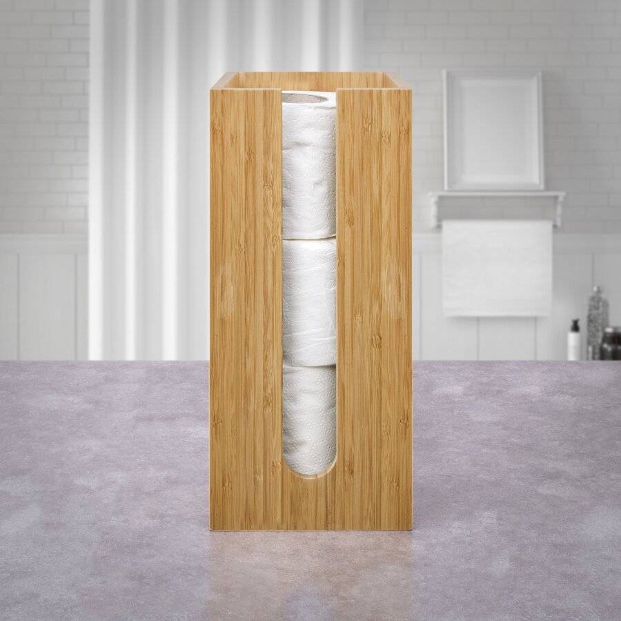 Woodluv Space Saving Bamboo Wood Toilet RollHolder Unit