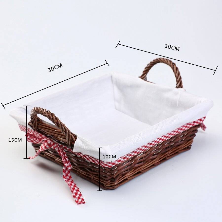 Woodluv Square Wicker Hamper Basket With White Lining & Side Handles