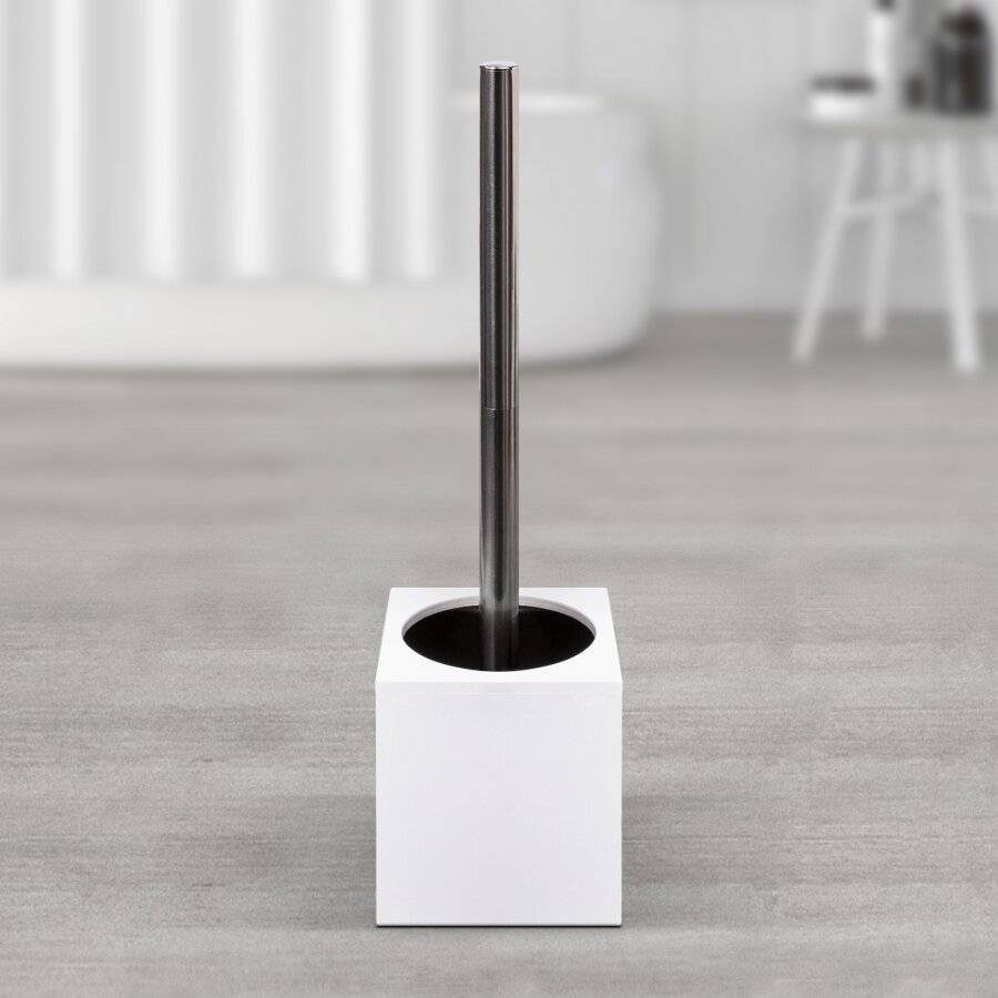 Woodluv Square Bamboo Bathroom Toilet Brush With Brush Holder - White