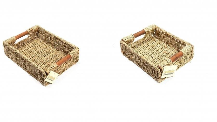 Woodluv 2 Seagrass Storage Baskets With Wooden Handles, Small & Medium