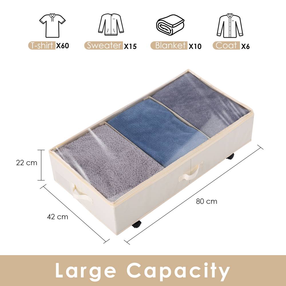 Woodluv Underbed Storage Basket, Foldable Organizer with Zip - Beige