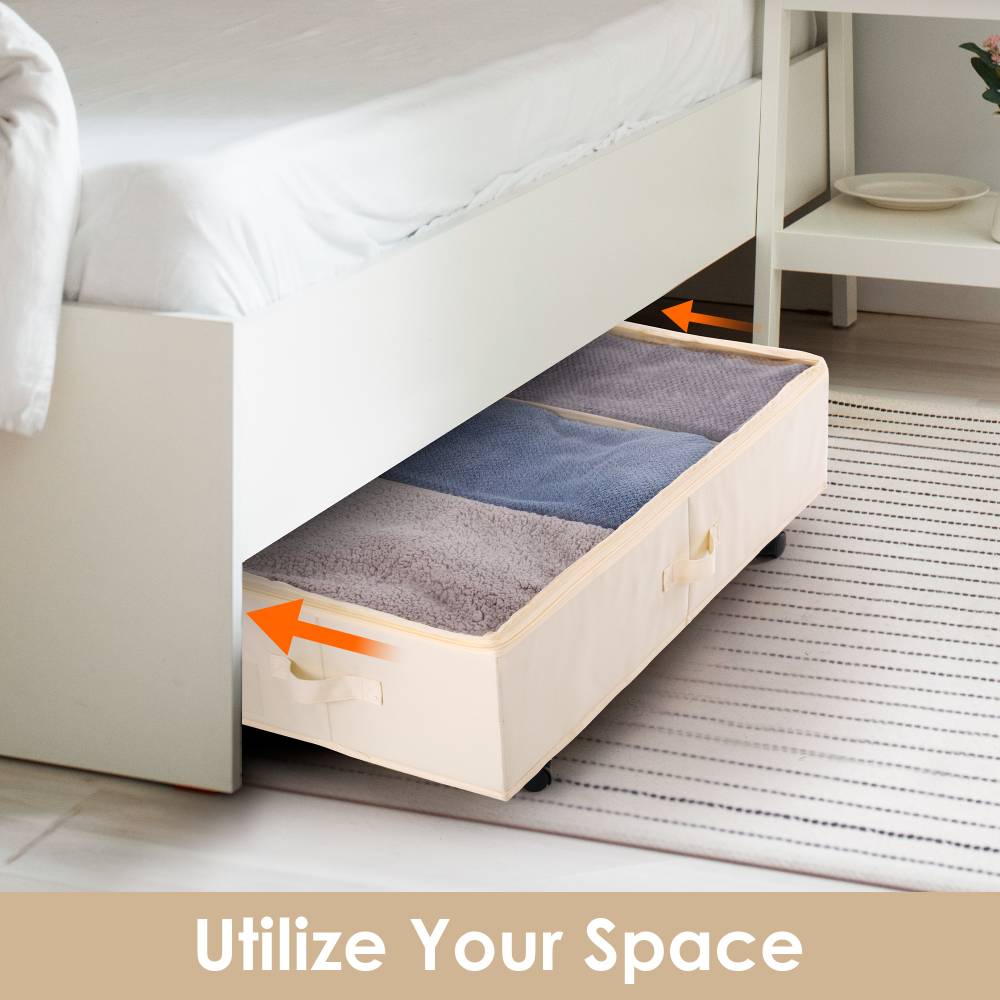 Woodluv Underbed Storage Basket, Foldable Organizer with Zip - Beige
