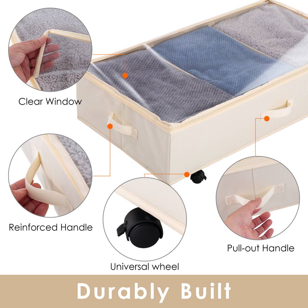 Woodluv Underbed Storage Basket, Foldable Organizer with Zip - Beige